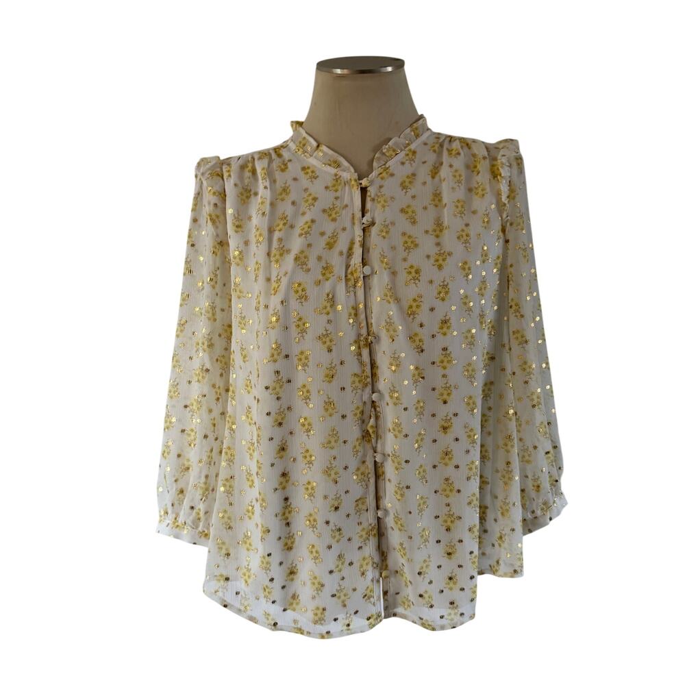 White Yellow Gold Floral Blouse Plus Size XXL Boho Romantic Whimsy Loose